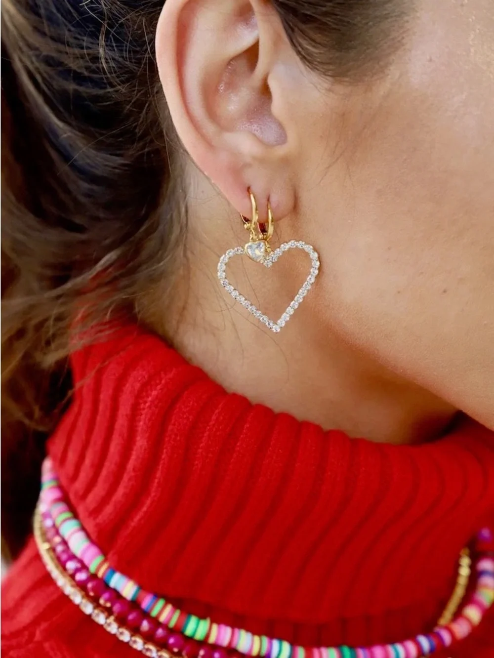 Gold Filled  Heart Hoop Earrings with Clear Crystal Accents